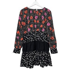 NEW ASOS Floral Polka Dot Tiered Smock‎ Mini Dress Black Orange Pink Size 4